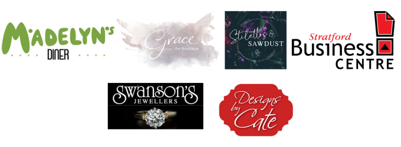 Logos for: Madelyn's Diner, Grace the Boutique, Stelleto's and Sawdust, Stratford Business Centre, Swanson's Jewellery, Designs by Cate